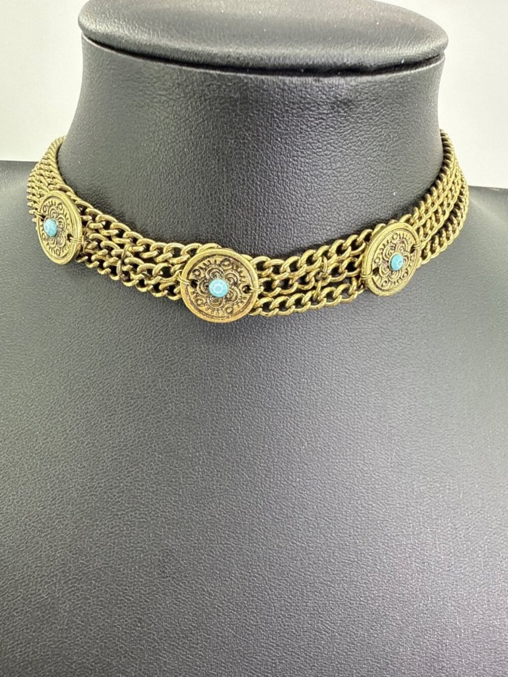 Vintage Boho Golden Multi Strand Choker Turquoise Medallion Statement Necklace